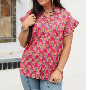 Stevie Layerz Pink Orange Floral Flutter Sleeve Top 100% Cotton Women's Med